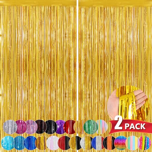 Gold Metallic Tinsel Foil Fringe Curtains, 2 Pack 3.3x8.3 Feet Party Streamer Curtains for Birthday Party Decorations, Halloween Decor, Foil Curtain Backdrop for Bachelorette Party - color: Gold, size: 2 Pack