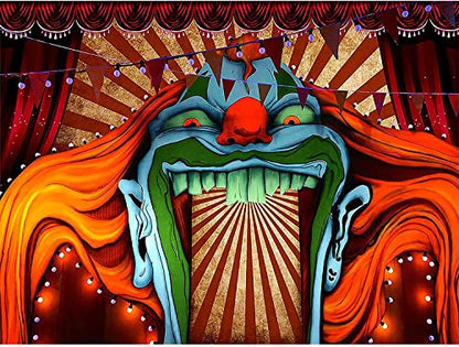 Vinyl 8X6FT Scary Giant Clown Photography Backdrop Red White Stripe Carnival Photo Background Photo Booth Studio Props Supplies Horror Circus Haunted House Halloween Party Banner Decorations - size: 8x6ft