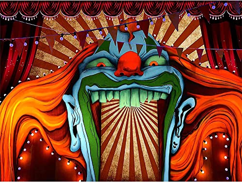 Vinyl 8X6FT Scary Giant Clown Photography Backdrop Red White Stripe Carnival Photo Background Photo Booth Studio Props Supplies Horror Circus Haunted House Halloween Party Banner Decorations - size: 8x6ft