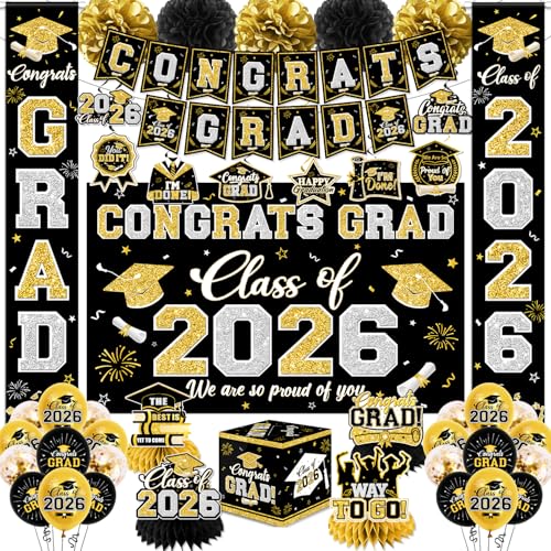 Graduation Decorations Class of 2026 Black and Gold Graduation Decorations with Congrats Grad Banner,Backdrop,Porch Sign,Balloons,Hanging Swirls,Honeycomb Centerpieces,Box for Graduation Party Decor - color: Black
