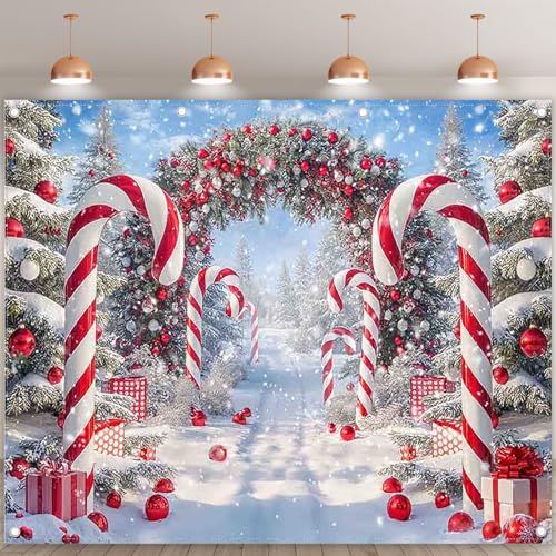 Fabric 10x8ft Merry Christmas Cane Candy Photography Backdrop Winter Snow Scene Xmas Tree Background New Year Eve Party Decoration Holiday Photo Banner Props - size: 10'x8'