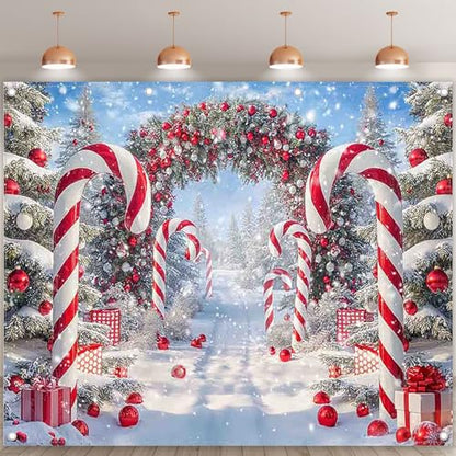 Fabric 10x8ft Merry Christmas Cane Candy Photography Backdrop Winter Snow Scene Xmas Tree Background New Year Eve Party Decoration Holiday Photo Banner Props - size: 10'x8'