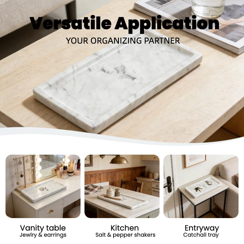 Marble Tray, Stone Bathroom Tray for countertop, Small White Marble Vanity Tray for Perfume, Skincare & Bathroom Accessories