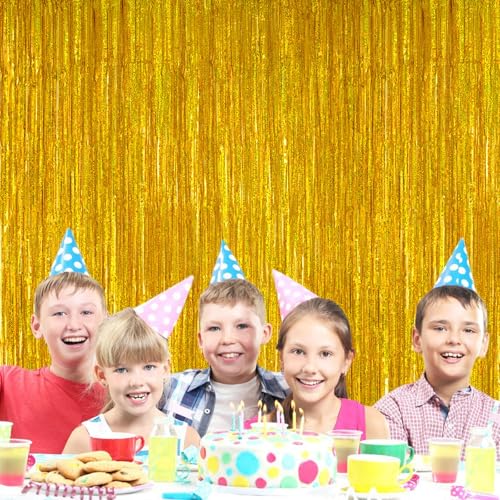 2 Pack 3.2ft x 8.2ft Gold Metallic Foil Curtains, Big Laser Glitter Fringe Rain Curtain Photo Booth Backdrop Tinsel Curtain Streamer for Birthday Wedding Graduations Christmas Event Party Supplies - color: Gold