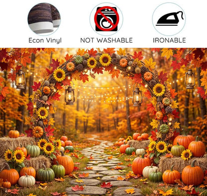 7 x 5 ft Fall Backdrop Autumn Scenery Sunflower Arch Maple Leaves Forest Leaves Pumpkins Background Fall Farm Rustic Trail Thanksgiving Harvest Party Supplies Banner Picture Photo Booth - color: Multi9, size: 7x5ft