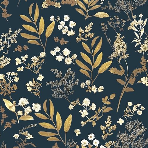 Laatse Dark Blue Leaf Wallpaper Peel and Stick Dark Floral Wallpaper for Bedroom Vintage Leaf Contact Paper Waterproof Self Adhesive Boho Floral Wall Paper for Bedroom Walls Countertop 17.5in x 393in - color: Blue&Golden, size: 393" x 17.5"