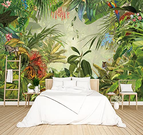 Tropical Botanical Animal Floral Bird Wallpaper Woodland Forest Tree Nursery Kids Bedroom Plant murals Living Room tv Background Large wall Mural - 137"x96" Not Peel and Stick - color: B032, size: 137" x 96"