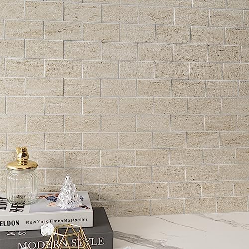 20-Sheet Greek Beige Sandstone Peel and Stick Backsplash - 13.5" x 5.8" Thickened 3D Subway Tile - 1.4X Coverage Area Grout-Free Wall Tiles for Kitchen & Bathroom (9.2 Sq.Ft) - color: Beige Sandstone Texture