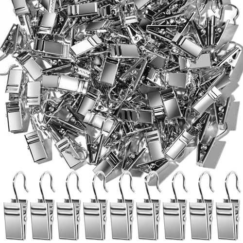 Teenitor 100 PCS Small Curtain Hooks Curtain Clips Bag Clips, Stainless Steel Curtain Rod Hooks, S Hooks for Hanging Drapes Photos Tent Lights Party Decorations Art Craft, Silver - color: Silver