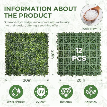Artificial Grass Wall Panel Screen: 20"x20" 12P (33.5 sqft) UV-Anti Faux Boxwood Panels for Indoor Outdoor Green Wall Decor, Privacy Fence, Patio, Balcony, Party Backdrop - size: 20"x20" 12P