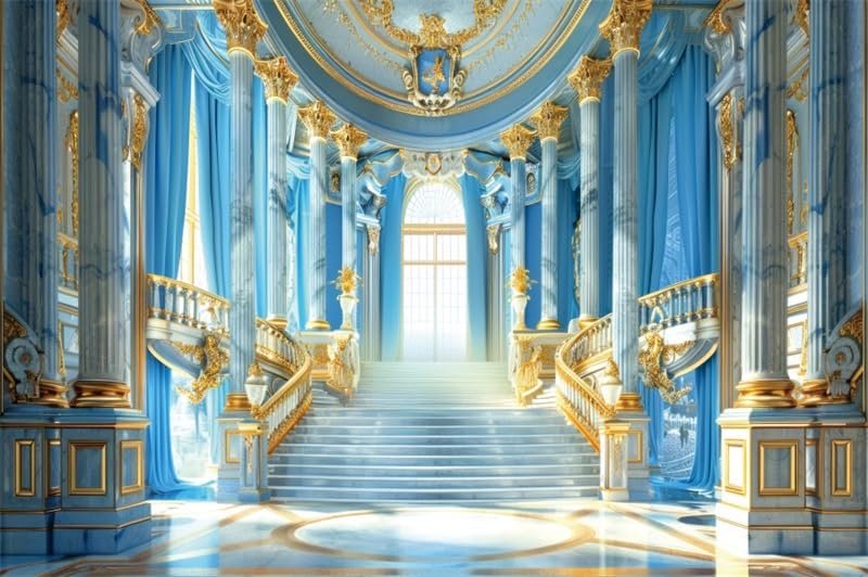 Renaiss Fabric Blue Palace Backdrop Luxury Golden Hall Castle Interior Staircase Masquerade Party Scene Wedding Bridal Shower Background Photo Booth Studio Props 7x5ft - color: XH002, size: 7Wx5H FT