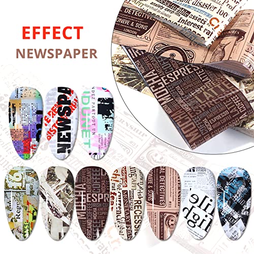 Newspaper Nail Foil Transfer Stickers English Letter Designs Nail Decals Supplies Set Acrylic Nails Sticker Decorations for Nail Transfer Glue Polish, Women DIY Manicure Accessories Set 10Sheets - style: Newparpe