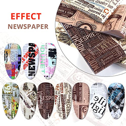 Newspaper Nail Foil Transfer Stickers English Letter Designs Nail Decals Supplies Set Acrylic Nails Sticker Decorations for Nail Transfer Glue Polish, Women DIY Manicure Accessories Set 10Sheets - style: Newparpe