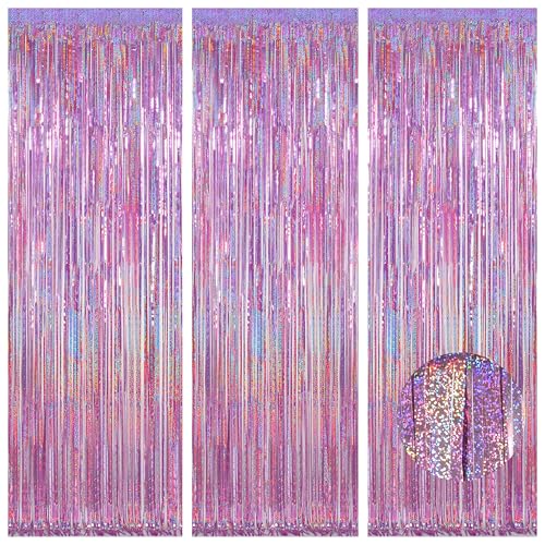Happy Mothers Day Decorations Melsan 3 Pack 3.2 x 8.2 ft Pinkish Purple Tinsel Fringe Curtain Backdrop, Sparkling Metallic Party Decorations for Girls Birthday, Bachelorette, Wedding, Photo Booth - color: Pinkish Purple