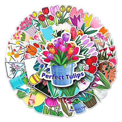 Tulip Stickers Pack 50 PCS, Floral Aesthetic Waterproof Vinyl Die-Cut Spring Flowers Sticker Set for Journal Planner Notebook Scrapbook, Water Bottles Laptop Phone Case E-Reader