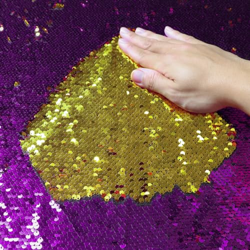DUOBAO Reversible Flip Sequin Fabric - 0.5 Yard Purple to Gold Mermaid Sequins, Sparkly DIY Sewing Material for Decor - color: Gold to Purple, size: 0.5 Yard
