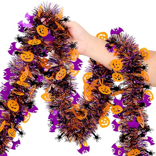 Halloween Garland Decorations,50Ft Glitter Tinsel Pumpkin Bats Spider Garland Decor for Tree Car Golf Cart Parade Float Indoor Outdoor Holiday Home Burnt Orange Black Purple (Purple) - color: Purple