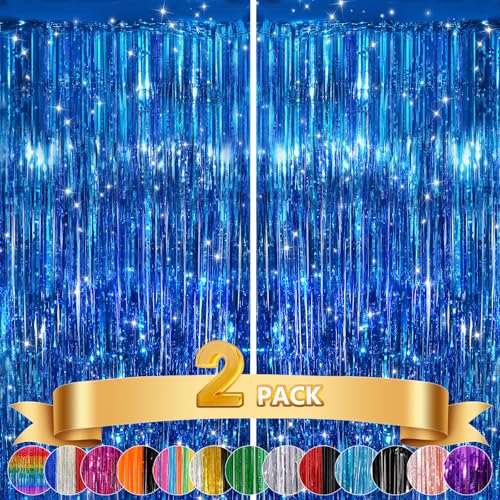 2Pack Blue Tinsel Backdrop Streamers, GCB Party Streamers Backdrop Foil Fringe Curtains for Wedding Birthdays Bachelorette Bridal Baby Shower, Graduation, Engagement Decors, Gender Reveal, Disco Party - color: Blue