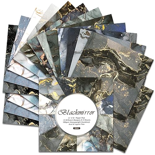 BLEDS Scrapbook Paper Pad, 24 Sheets 160gsm Marble Pattern Scrapbooking Paper 6x6 Black Decoupage Paper Supplies One Single-Side For Craft Layout Junk Journal Card-Making Decorative Background - color: 6x6 Blackmirror