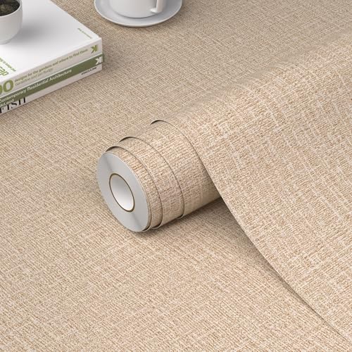 WADILE Grasscloth Peel and Stick Wallpaper 15.7in x 196.8in, Textured Contact Paper for Cabinets, Faux Linen Wall Paper Pull and Stick, Fabric Vinyl Wallpaper Self Adhesive Khaki - color: Khaki, size: 15.7" x 196.8"