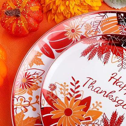 Rubtlamp 60PCS Thanksgiving Plastic Plates, White Orange Pumpkin Plates, Red Disposable Plates with Maple Leaves, Fall Disposable Plates Include 30 Dinner Plates, 30 Salad Plates For Thanksgiving - color: White Orange