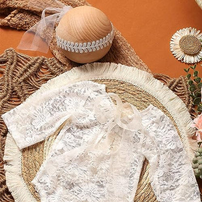 Baby Photography Props Outfit Lace Rompers Newborn Girl Photo Shoot Outfits Flower Headband Princess Costume - color: White E
