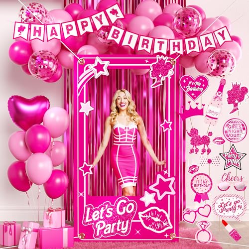 Birthday Decorations for Women,Happy Birthday Banner, 35 Balloons,Photo Booth Props for Girls (Hot Pink) - color: Hot Pink