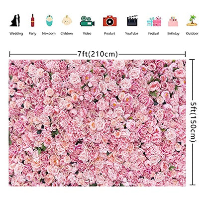 BINQOO 7x5ft Pink Rose Wall Background Pink Flowers Backdrops Spring Tea Party Backdrop Floral Girls Birthday Weeding Valentine's Day Mother's Day Event Banner Photo Props - size: 7 x 5 ft