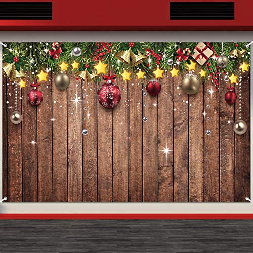 Blulu Christmas Backdrop for Photography - Fabric Wood Pattern Background with Pine Tree & Ornaments - Merry Xmas Photo Background, 72.8 x 43.3 Inch