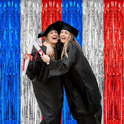 PIGETALE, 2 Pack 3.2 x 8.2 ft Red White and Blue Foil Fringe Backdrop Curtain, Streamer Backdrop Tinsel Curtains Photo Booth Props for Graduation Birthday Memo - color: Blue, Silver and Red