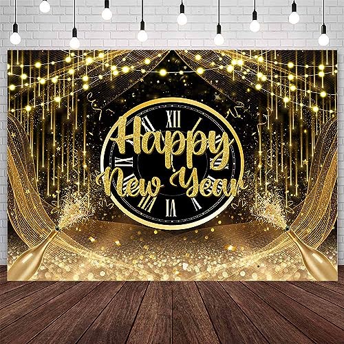 AIBIIN 8x6ft Happy New Year Backdrop 2024 New Years Party Decorations Black Gold New Years Eve Annual Countdown Party Supplies Gold Glitter Champagne Fabulous Family Party Banner Photo Shoot Props - color: Black Gold, size: 8x6ft