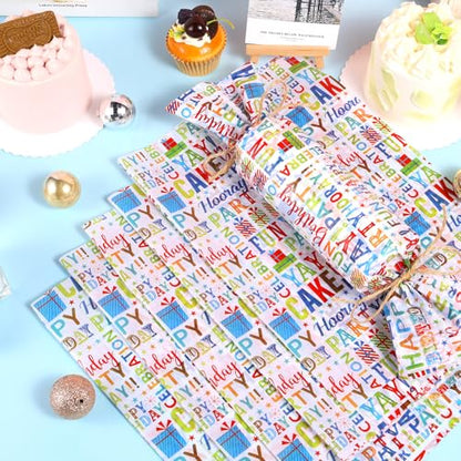 100 Sheets Happy Birthday Tissue Paper, Watercolor Letters Wrapping Paper for Birthday DIY Crafts Christmas Party Supplies, 13.8 x 19.7 Inch