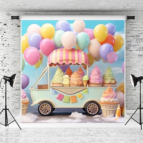Kate 10x10ftSummer Ice Cream Car Backdrop for Photography Colorful Balloons Cake Smash Blue Sky Birthday Party Background for Kids Photo Props - size: 10x10ft