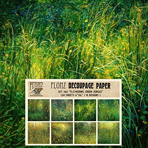 Decoupage Paper Pack (24 Sheets 6"x6") Flowering Green Jungle # Vintage Styled Pattern Paper for Decoupage, Craft and Scrapbooking - color: ThirtyFour