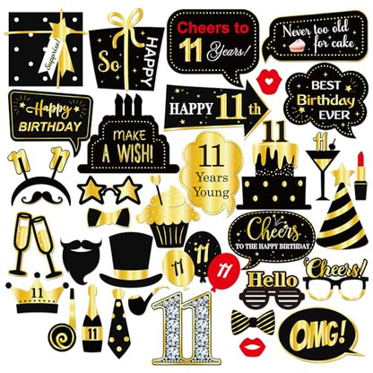 INNORU 11th Birthday Photo Booth Props, Kids Birthday Photoshoot Funny Birthday Party Photography Props Favor Eleven Years Old Centerpiece Sticks Decorations Black & Gold 35 PCS - size: 11