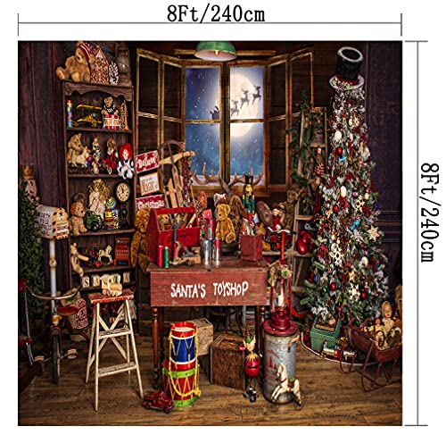 Christmas Santa's Toy Shop Photography Backdrop for Party Christmas Tree Gift Snow Window Wood Shed Store Background Family Portrait Seamless Vinyl Photo Props Banner Supplies PGT660D 8x8ft - size: 8'X8'