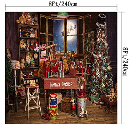 Christmas Santa's Toy Shop Photography Backdrop for Party Christmas Tree Gift Snow Window Wood Shed Store Background Family Portrait Seamless Vinyl Photo Props Banner Supplies PGT660D 8x8ft - size: 8'X8'