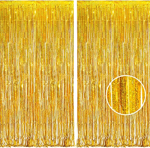BRAVESHINE Gold Foil Fringe Curtains - 2Pcs 3.2x8.2ft Tinsel Photo Backdrop for Graduation/Men/50th/60th/Birthday/Bridal Shower/Bachelorette/Engagement/Anniversary/Hawaiian/Luau Party Decorations - color: Gold