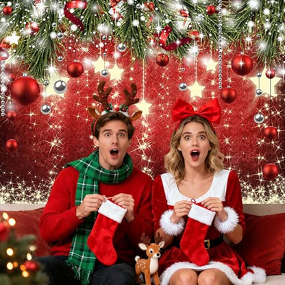 Mocsicka Christmas Backdrop Red Ball Xmas Merry Christmas Party Decorations for Family Holiday Christ for Photography Photo Booth Props (Red, 7x5ft(82"x60")) - size: 7x5ft(82"x60")