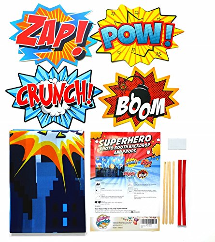 Superheroes Theme Party Photography Backdrop with Props. Super Hero Cityscape Photo Booth Background for Kids Party, Birthday Wall Decorations - size: 4*5.5 Feet
