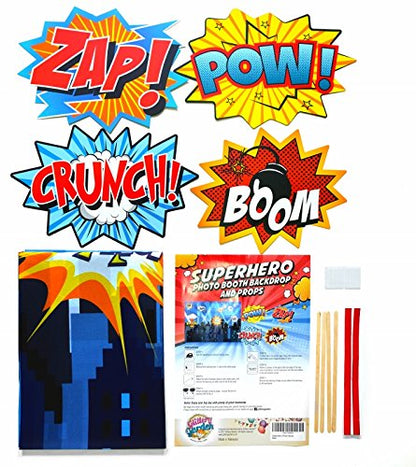 Superheroes Theme Party Photography Backdrop with Props. Super Hero Cityscape Photo Booth Background for Kids Party, Birthday Wall Decorations - size: 4*5.5 Feet