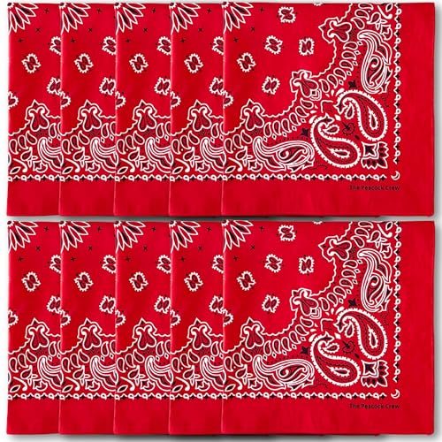 The Peacock Crew Premium Soft Cotton Bandanas Pack for Men and Women Paisley 22 x 22 inches - color: Pack of 10 Original Red