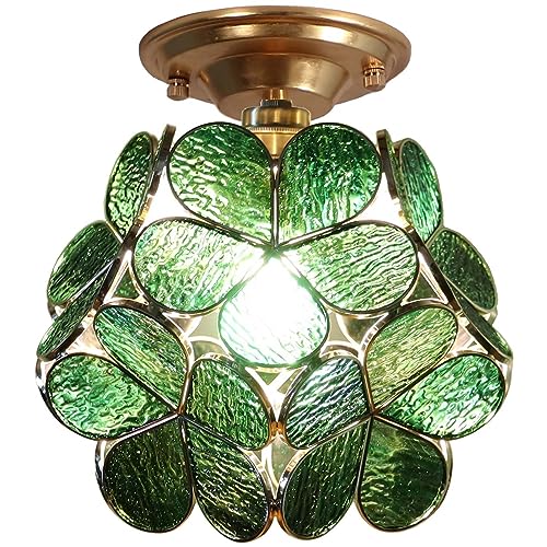 Bieye L10904 Flower Petals Tiffany Style Stained Glass Close to Ceiling Light for Home Decor (Textured Deep Green, 8" Cherry Blossom) - color: Textured Deep Green, size: 8" Cherry Blossom