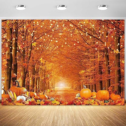 7x5FT Polyester Fall Autumn Photo Backdrop for Photography Autumn Forest Scenery Maple Leaves Pumpkins Background Fall Thanksgiving Day Friendsgiving Party Decorations Fabric - size: 7x5ft
