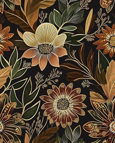 Laatse Boho Wallpaper Peel and Stick Dark Floral Wallpaper for Cabinet Vintage Contact Paper Waterproof Self Adhesive Removable Modern Wall Paper for Bedroom Stair Bathroom 17.5in x118in - color: Black/Brown, size: 17.5" x 118"