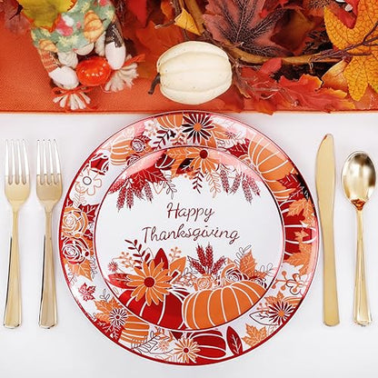 Rubtlamp 60PCS Thanksgiving Plastic Plates, White Orange Pumpkin Plates, Red Disposable Plates with Maple Leaves, Fall Disposable Plates Include 30 Dinner Plates, 30 Salad Plates For Thanksgiving - color: White Orange