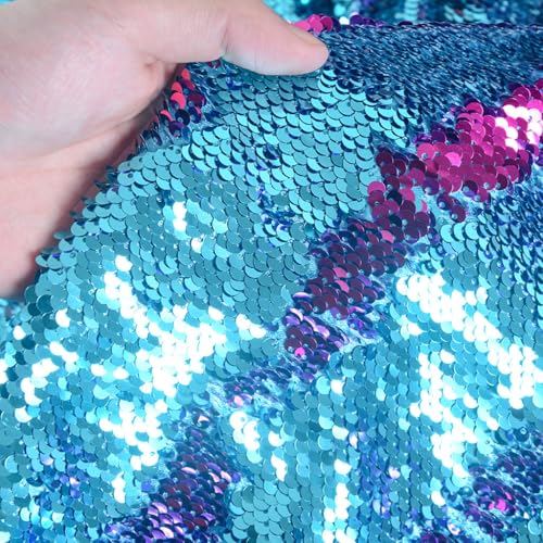 DUOBAO Turquoise to Fuchsia Mermaid Fabric by The Yard Two Tone Sequin Reversible Unique Quality Sequence Fabrics Mesh Sequins - color: Turquoise to Fuchsia, size: 1 Yard