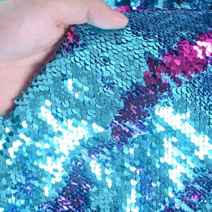DUOBAO Turquoise to Fuchsia Mermaid Fabric by The Yard Two Tone Sequin Reversible Unique Quality Sequence Fabrics Mesh Sequins - color: Turquoise to Fuchsia, size: 1 Yard