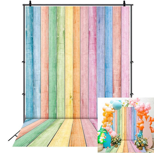 Colorful Wood Backdrop Easter Rainbow Pastel Rustic Wooden Wall Floor Texture Photography Background Spring Easter Kids Adult Baby Shower Birthday Party Decor Banner Portrait Photo Props (6x8FT) - size: 6x8FT