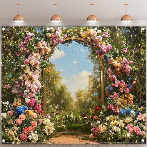 10x8ft Fabric Spring Enchanted Garden Backdrop Fairytale Forest Floral Butterfly Wonderland Oil Paint Photography Background Girl Kids Birthday Decor Photo Banner - size: 10'x8'